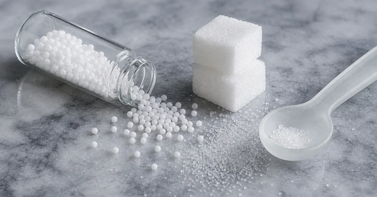 Homöopathische Globuli neben einem Blutzuckermessgerät