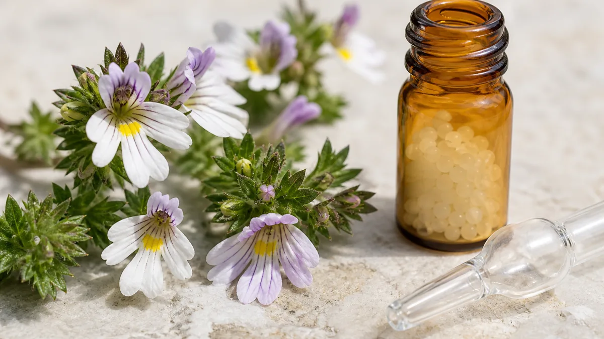 Braunglas-Röhrchen mit weißen Globuli neben einem Fläschchen Euphrasia-Augentropfen und frischem Augentrost-Kraut auf hellem Holztisch