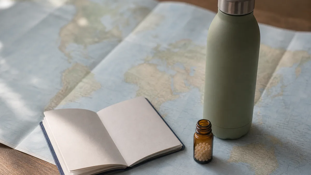 Kleine Reiseapotheke mit homöopathischen Globuli-Röhrchen neben Reisepass und Wasserflasche auf einem geöffneten Kofferdeckel