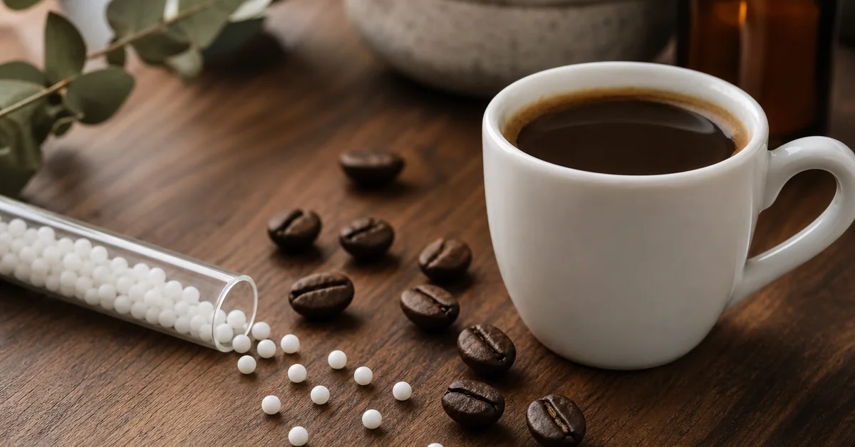 Tasse Kaffee neben homöopathischen Globuli